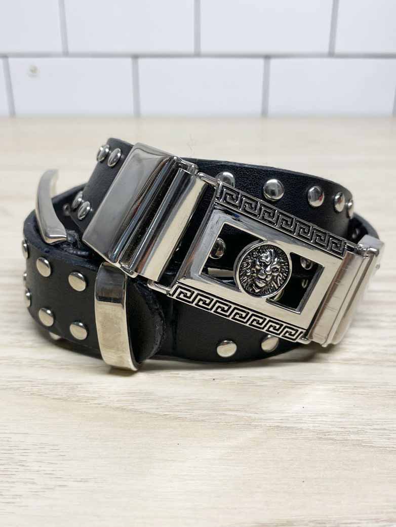 vintage lion head silver buckle studded leather belt - good market thrift store