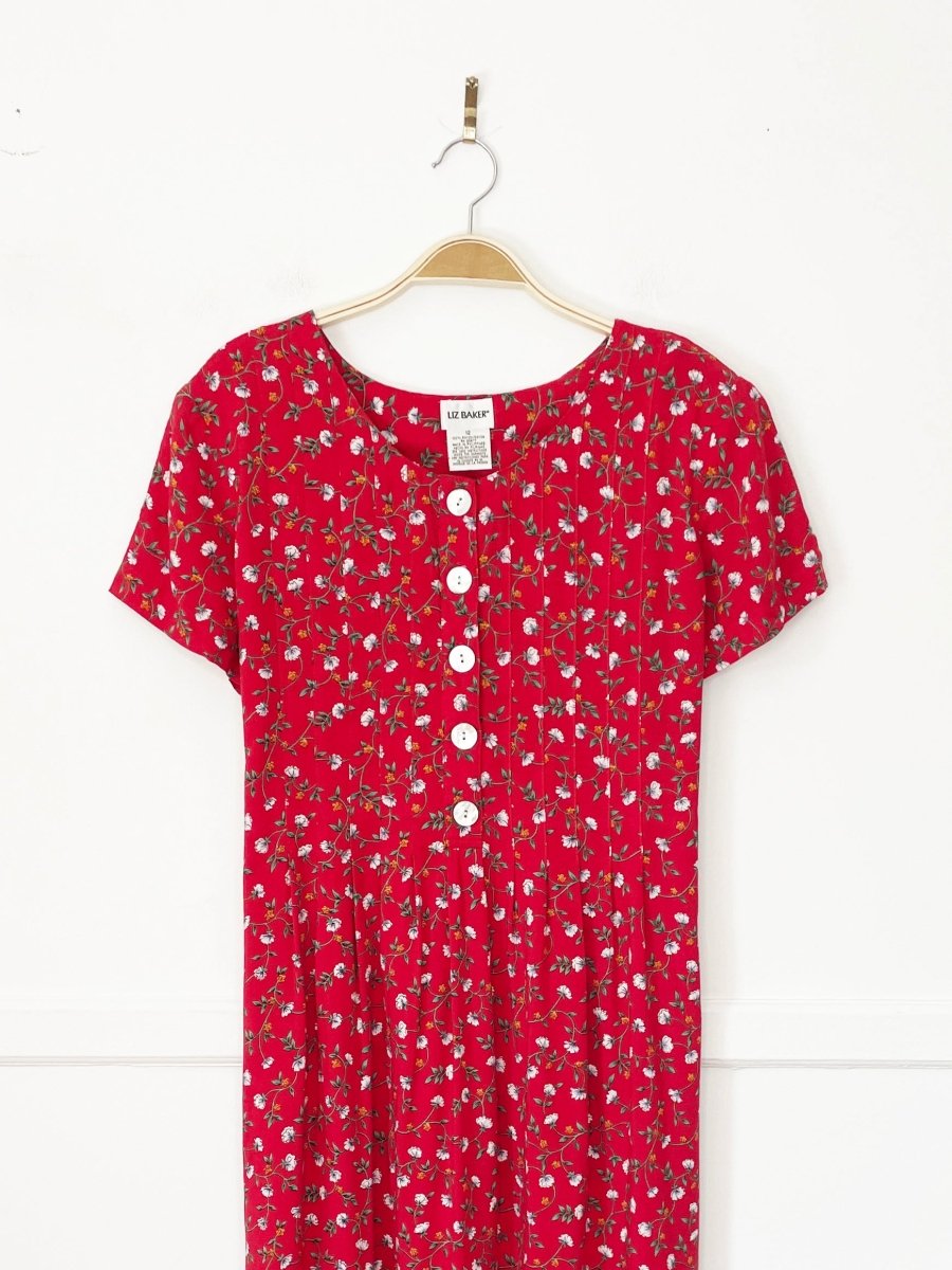vintage liz baker micro floral half button tie back maxi dress - good market thrift store