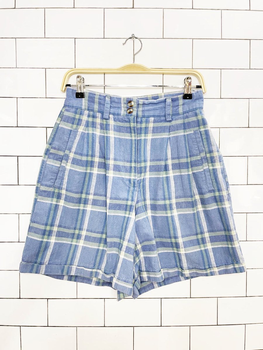 vintage liz thomas ramie-blend plaid pleated trouser shorts - good market thrift store