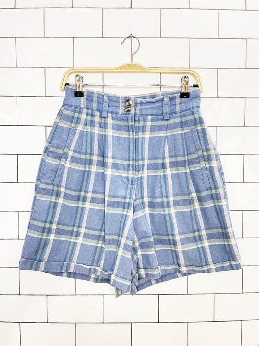 vintage liz thomas ramie-blend plaid pleated trouser shorts - good market thrift store