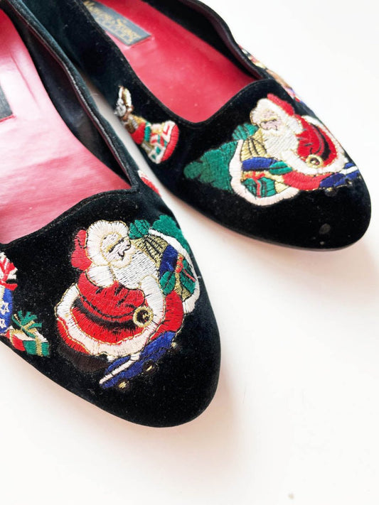 vintage madeline stuart embroidered santa + gifts velvet slip on shoes - good market thrift store