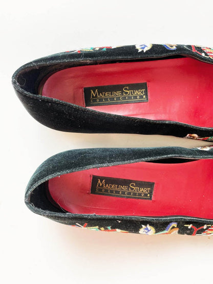 vintage madeline stuart embroidered santa + gifts velvet slip on shoes - good market thrift store