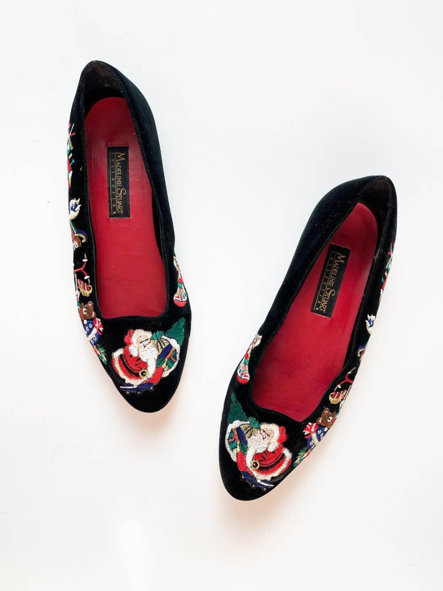 vintage madeline stuart embroidered santa + gifts velvet slip on shoes - good market thrift store