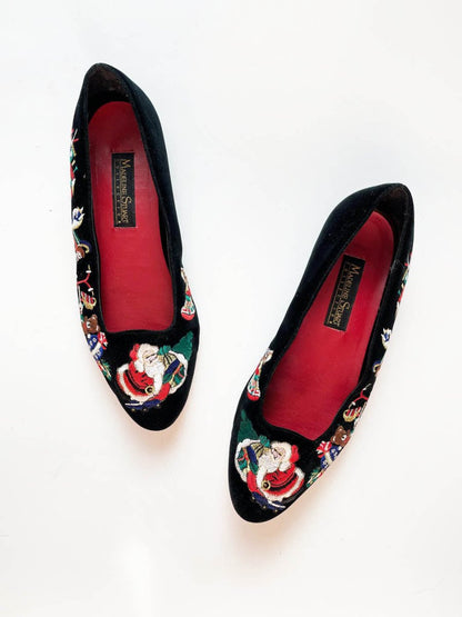 vintage madeline stuart embroidered santa + gifts velvet slip on shoes - good market thrift store