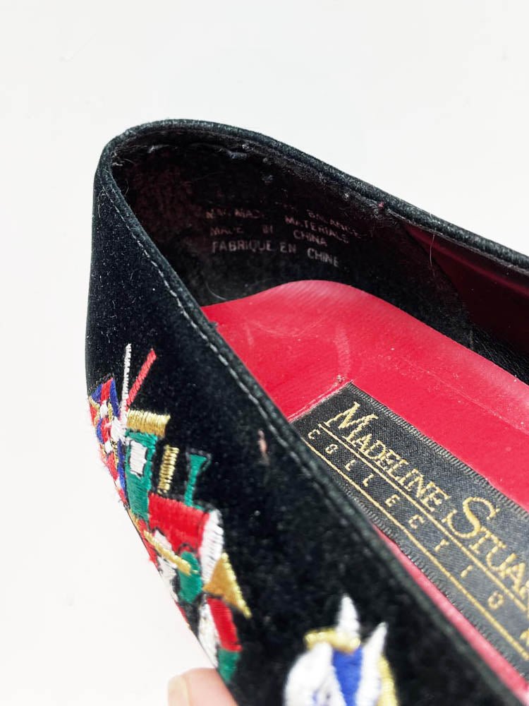 vintage madeline stuart embroidered santa + gifts velvet slip on shoes - good market thrift store