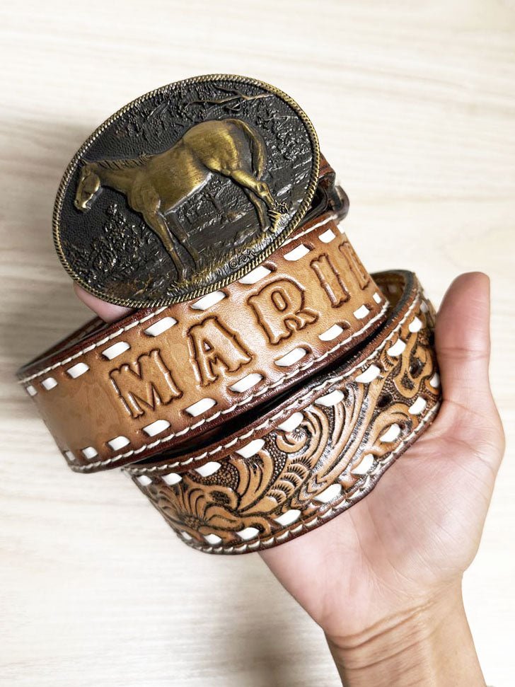 vintage mallory western brass horse tooled leather belt - good market thrift store