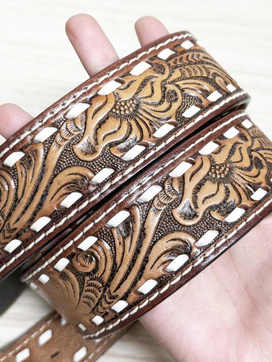 vintage mallory western brass horse tooled leather belt - good market thrift store