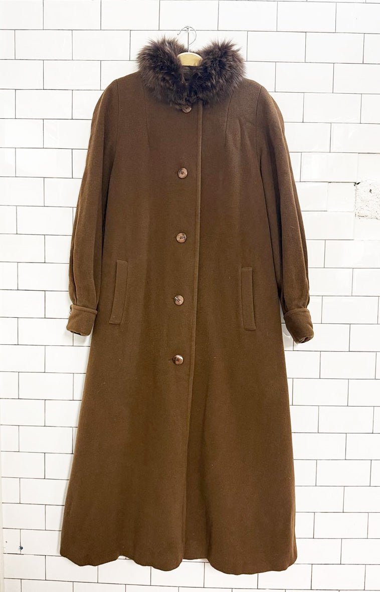 vintage me - jay 100% wool fox fur collar pleated - back long coat | montreal - good market thrift store