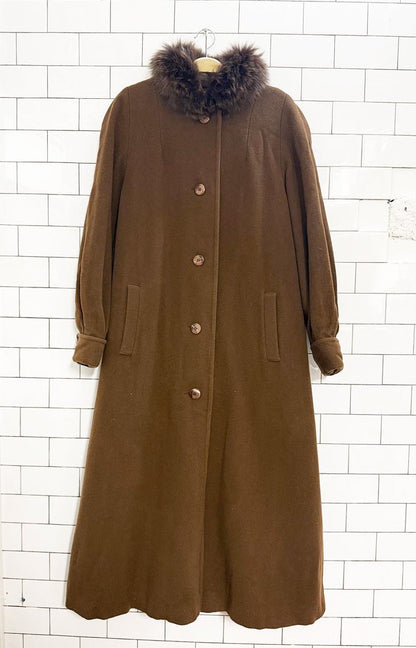 vintage me - jay 100% wool fox fur collar pleated - back long coat | montreal - good market thrift store