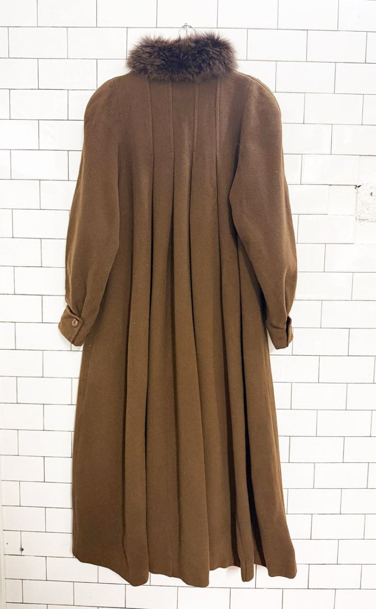 vintage me - jay 100% wool fox fur collar pleated - back long coat | montreal - good market thrift store