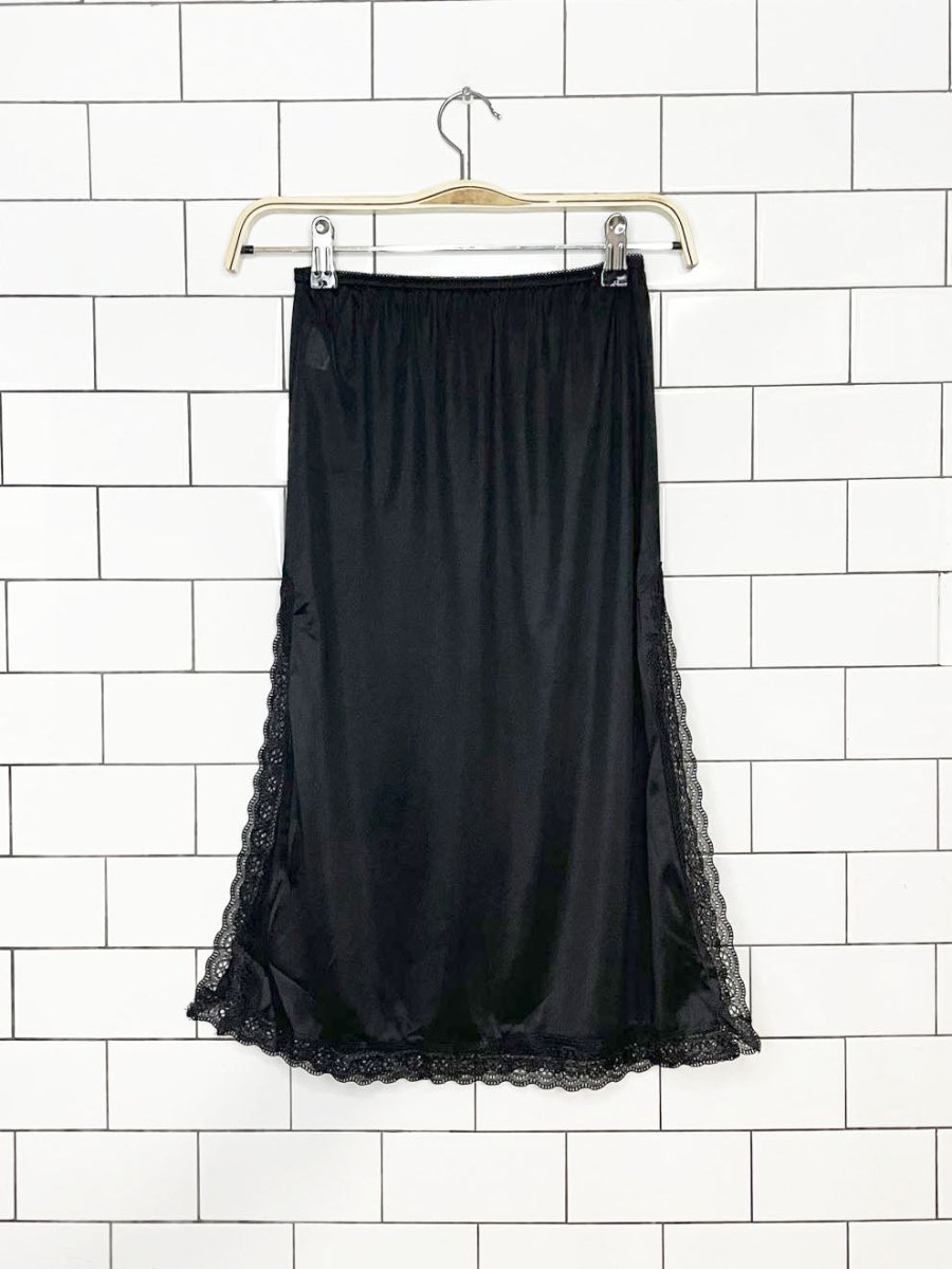 vintage mel-lin lace trim high slit sateen midi slip skirt - good market thrift store