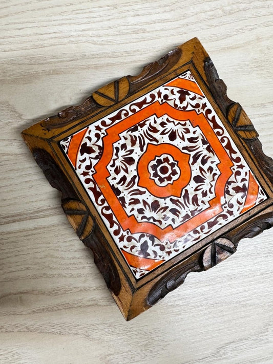 vintage mexico tile carved wood trivet - good market thrift store