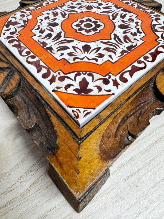 vintage mexico tile carved wood trivet - good market thrift store