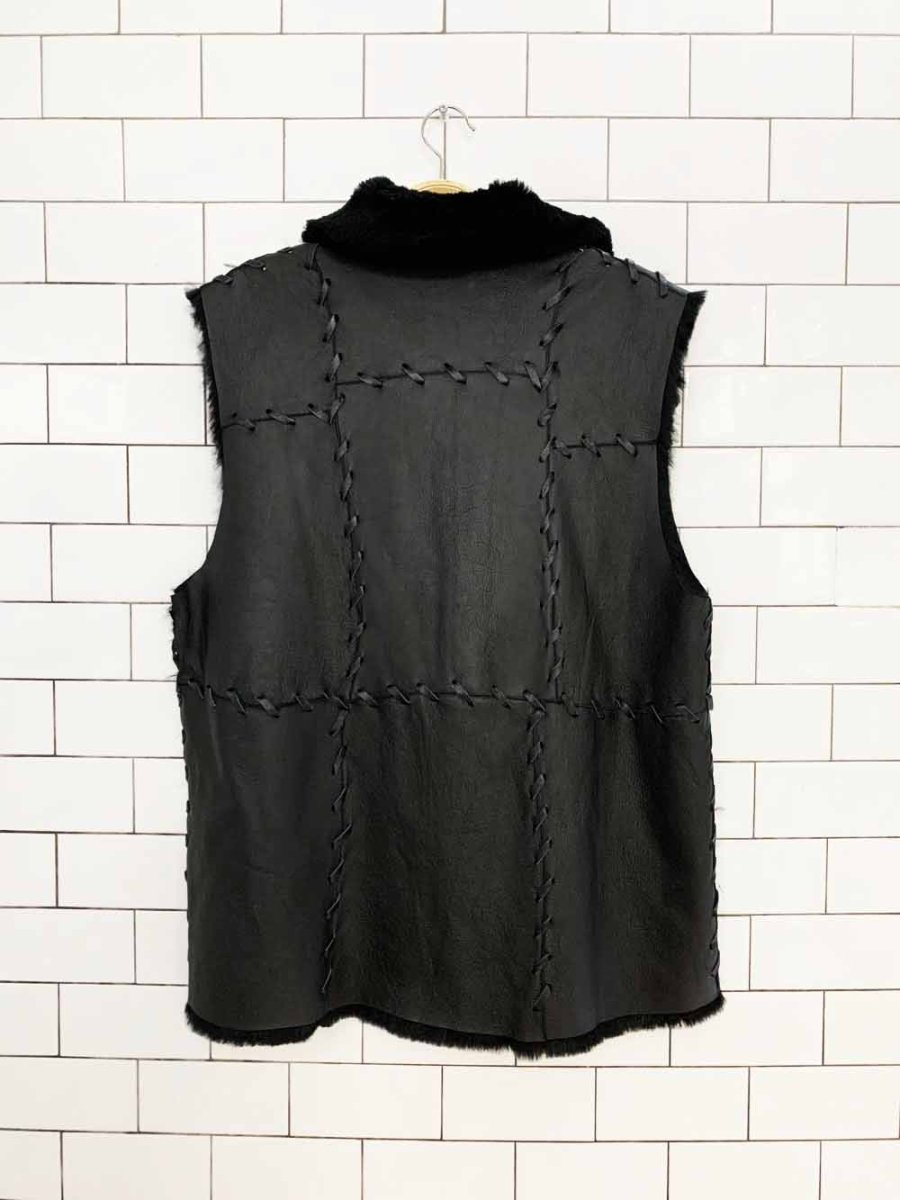 vintage mitchie's leather + shaved mink fur braided tie front vest - good market thrift store