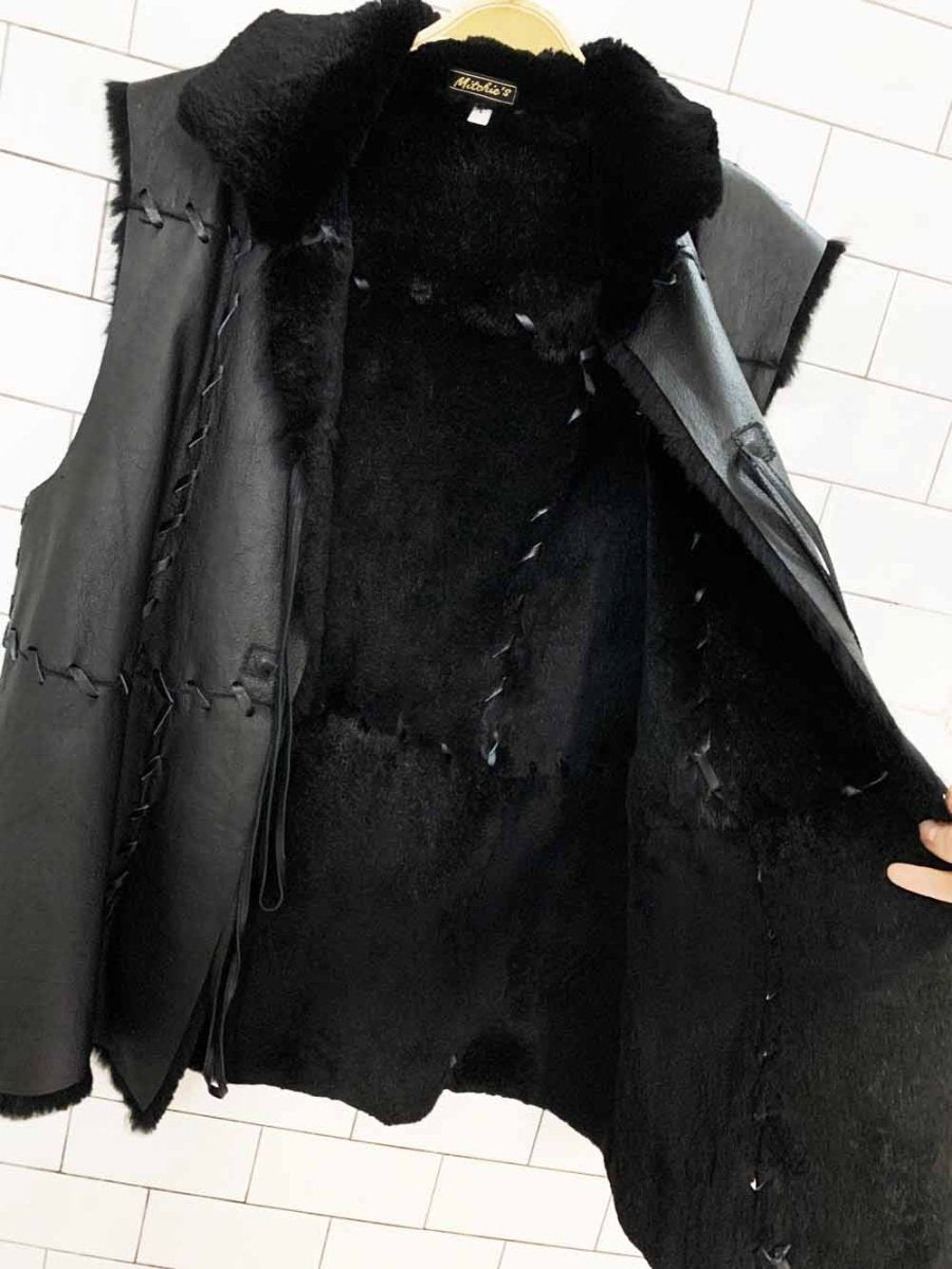 vintage mitchie's leather + shaved mink fur braided tie front vest - good market thrift store