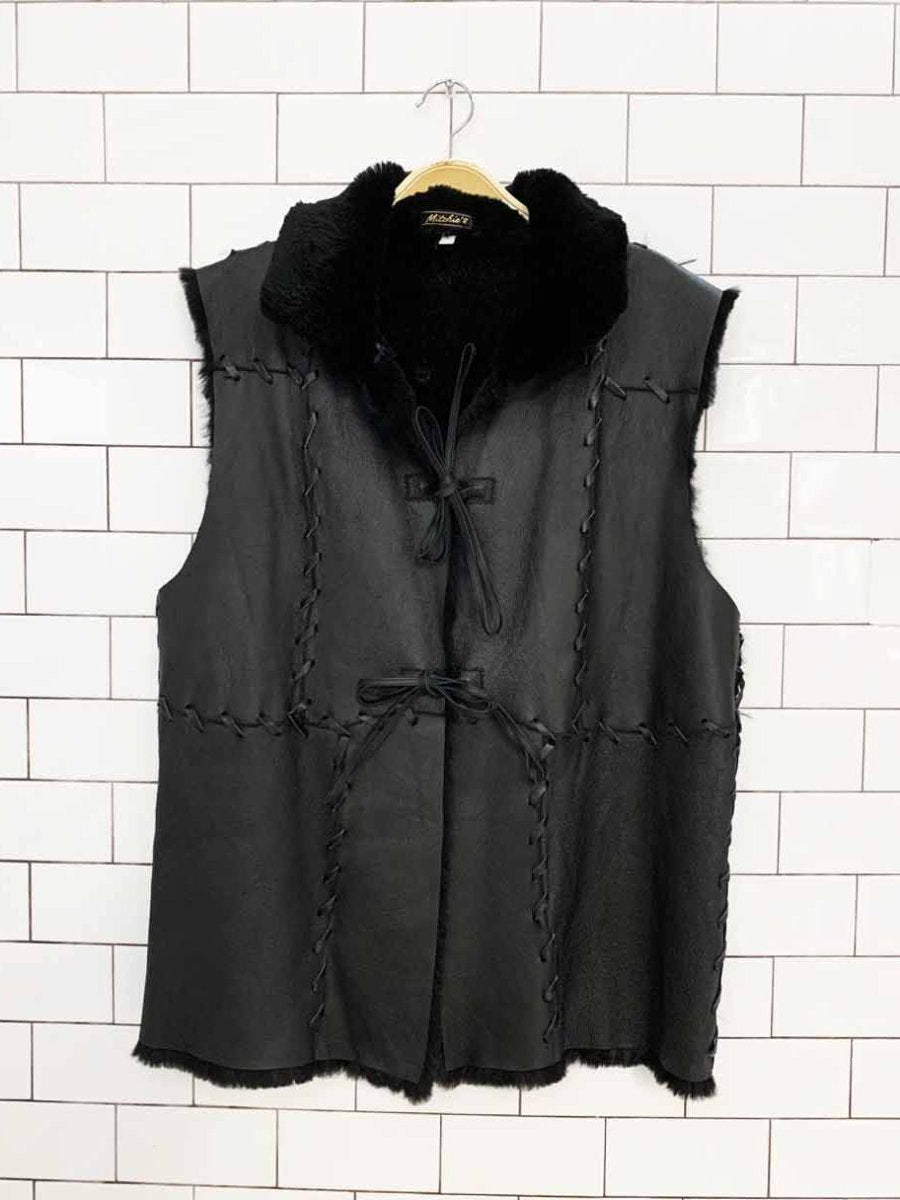 vintage mitchie's leather + shaved mink fur braided tie front vest - good market thrift store