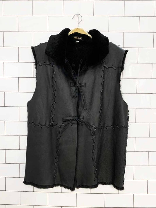 vintage mitchie's leather + shaved mink fur braided tie front vest - good market thrift store