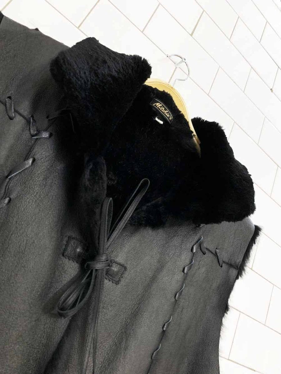 vintage mitchie's leather + shaved mink fur braided tie front vest - good market thrift store