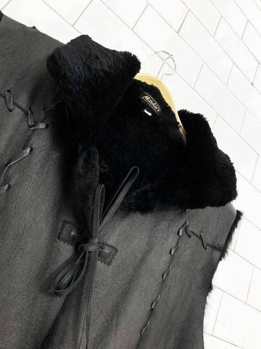 vintage mitchie's leather + shaved mink fur braided tie front vest - good market thrift store