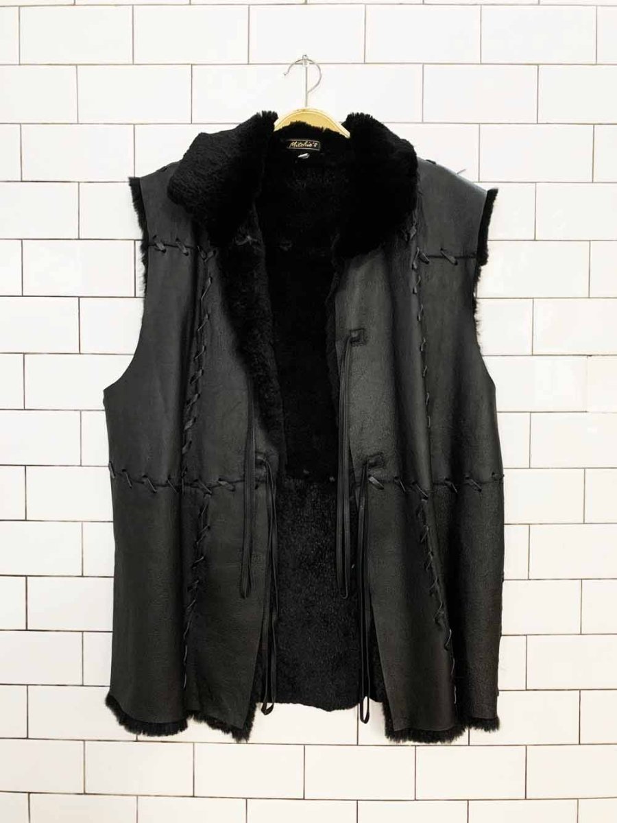 vintage mitchie's leather + shaved mink fur braided tie front vest - good market thrift store
