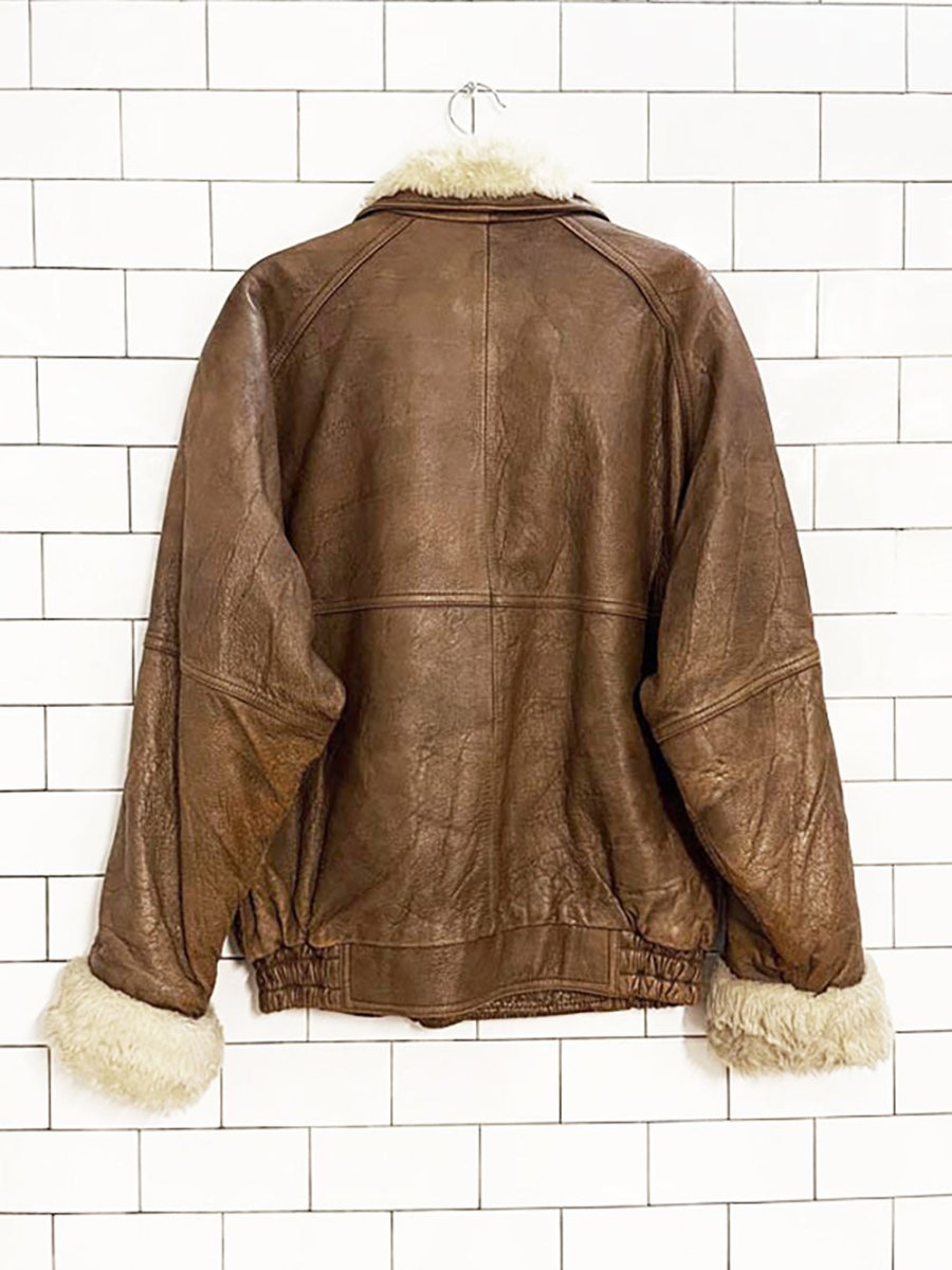 vintage mixed blue leather faux fur collar snap button bomber jacket - good market thrift store