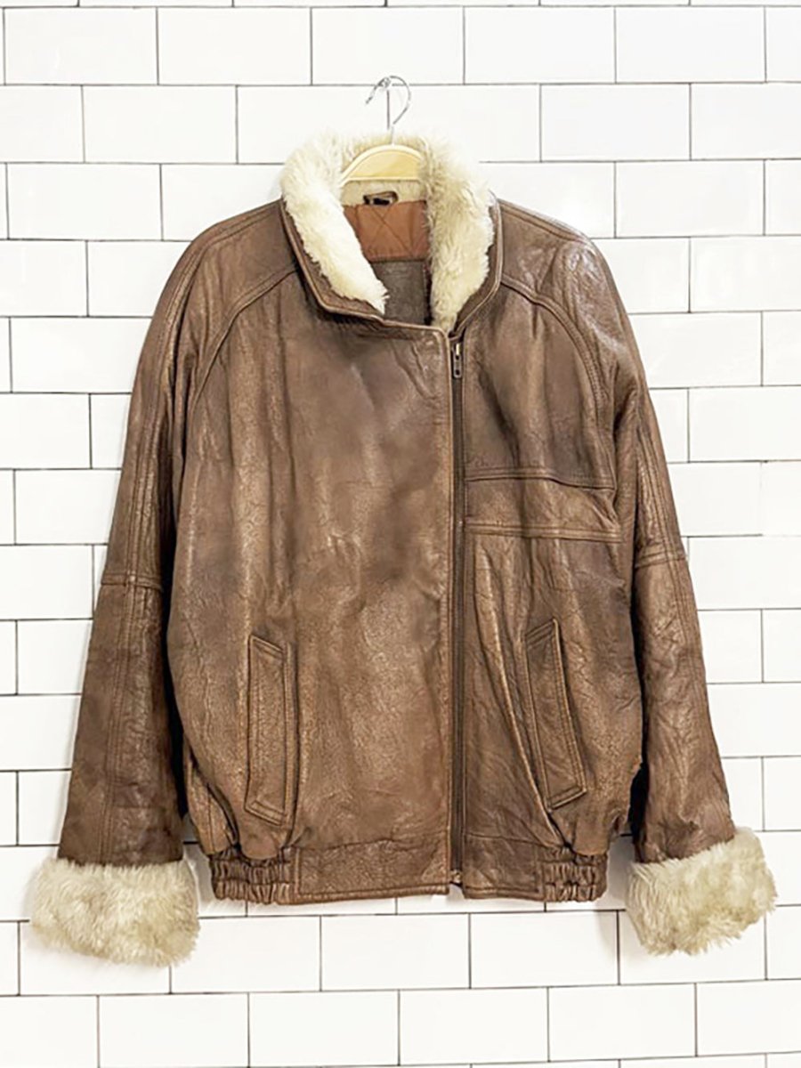 vintage mixed blue leather faux fur collar snap button bomber jacket - good market thrift store