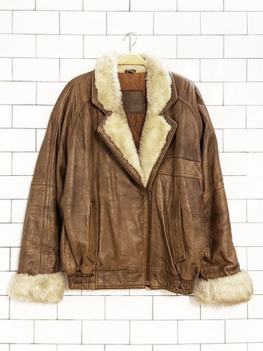 vintage mixed blue leather faux fur collar snap button bomber jacket - good market thrift store