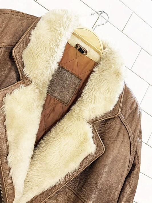 vintage mixed blue leather faux fur collar snap button bomber jacket - good market thrift store