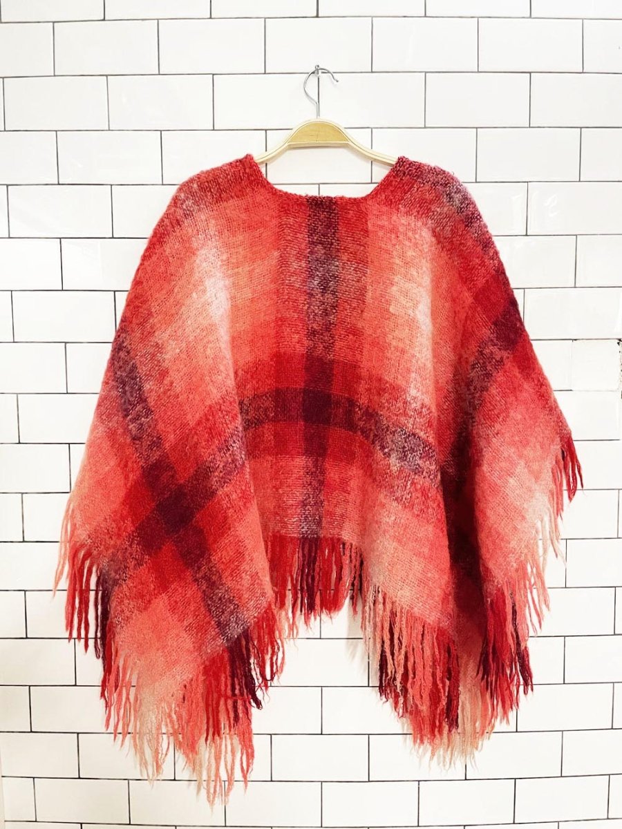 vintage mohair plaid fringe knit poncho - good market thrift store