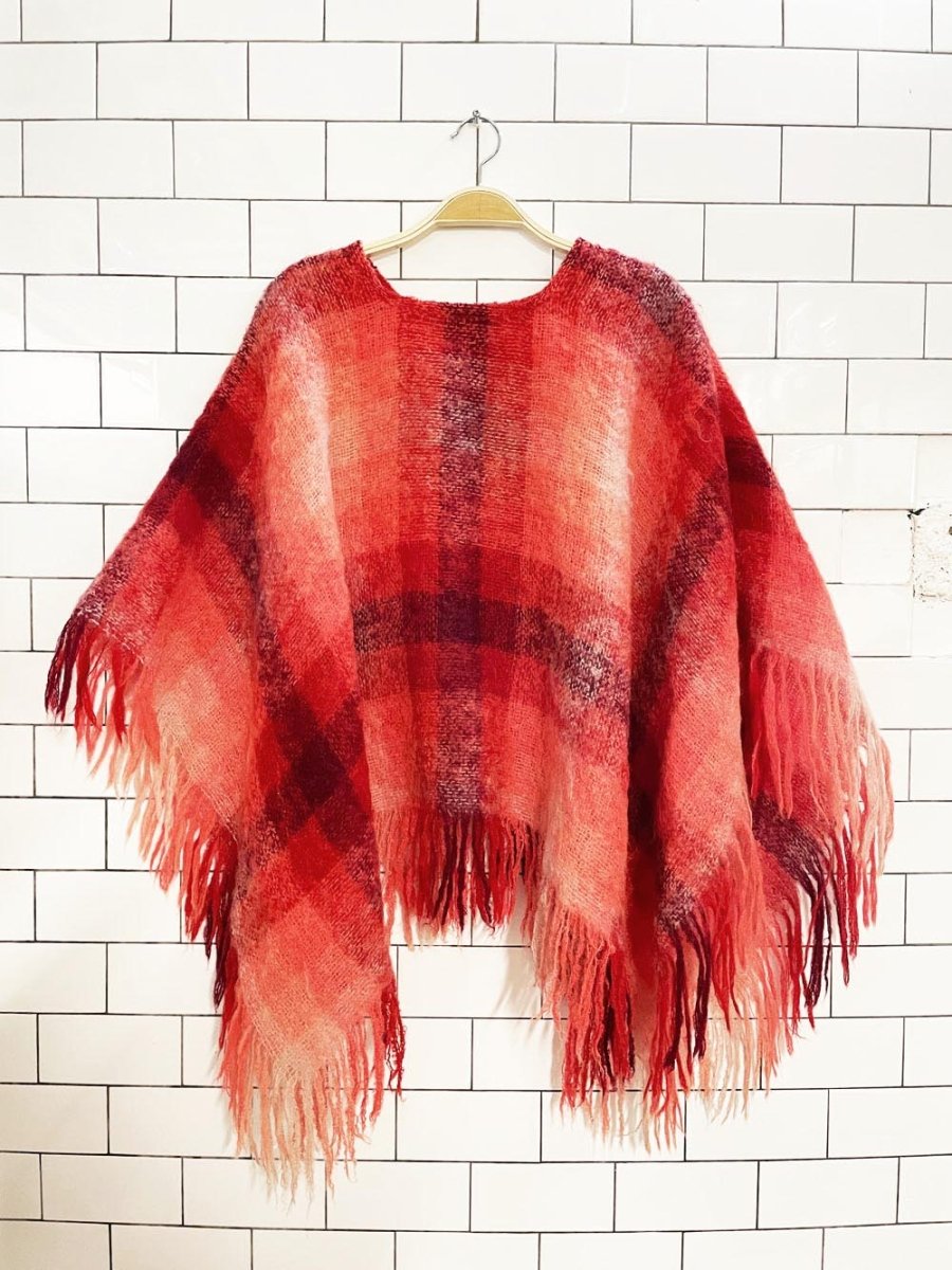 vintage mohair plaid fringe knit poncho - good market thrift store