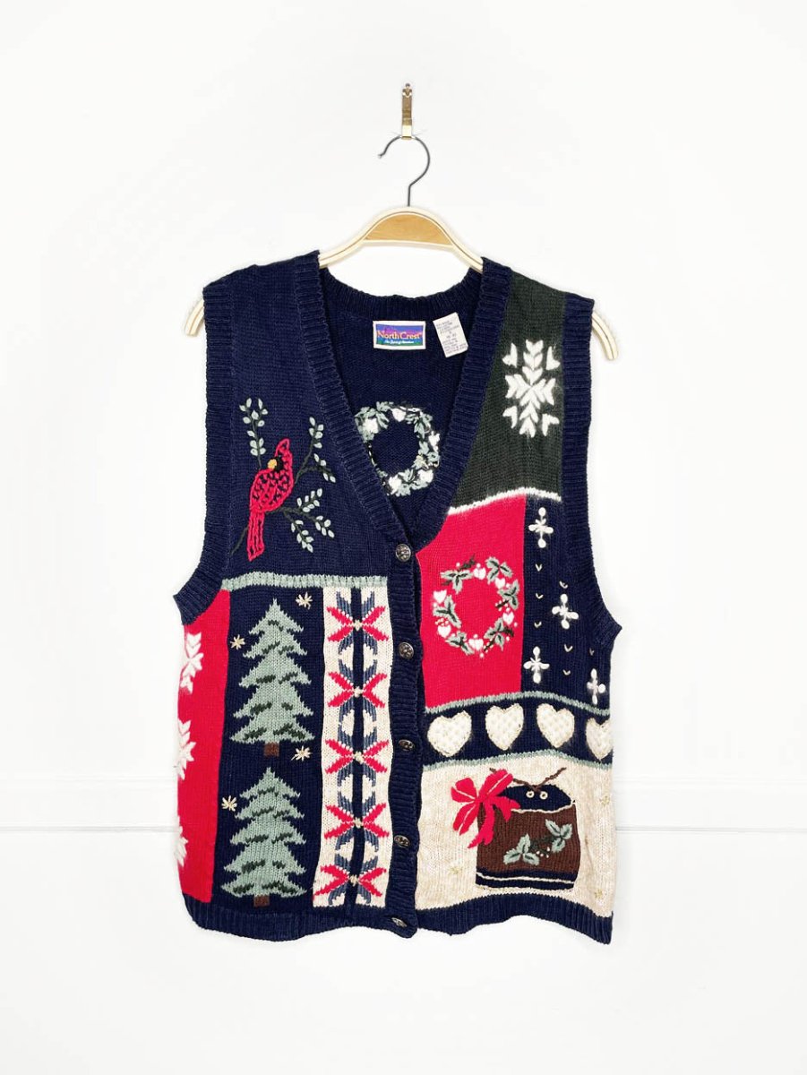 vintage northcrest hand - embroidered holiday knit vest - good market thrift store