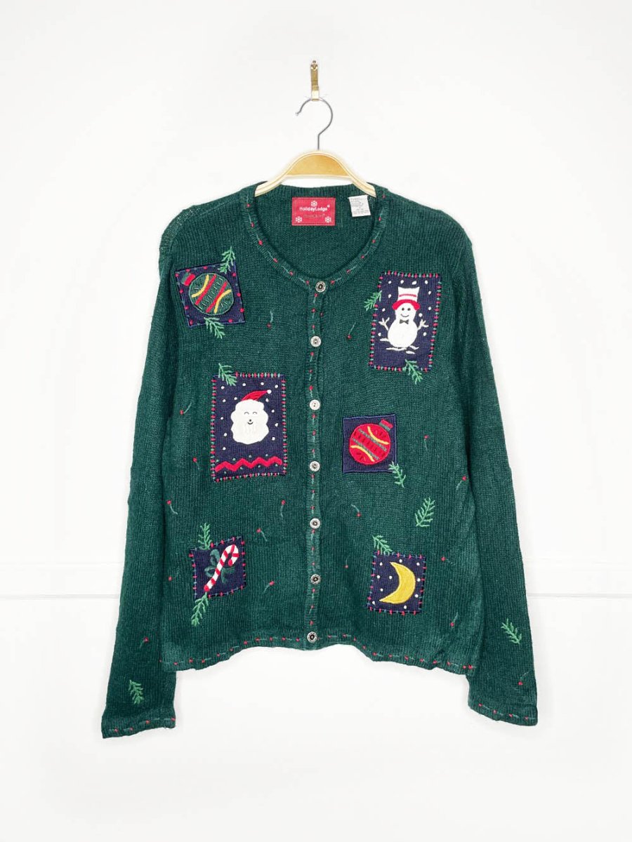 vintage northcrest wool - blend holiday lodge patchwork knit cardigan - good market thrift store