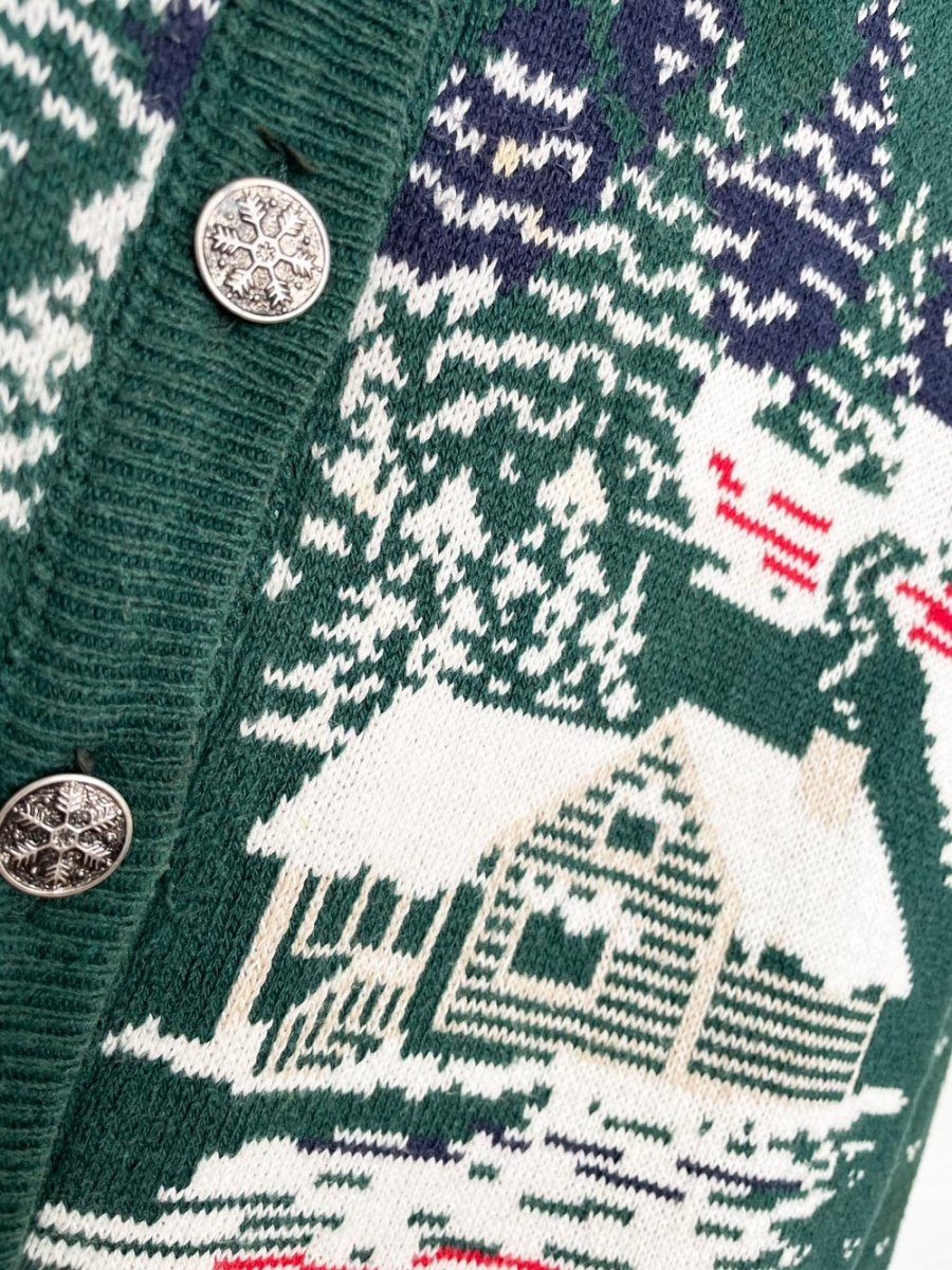 vintage NR winter cottage scene layered knit cardigan | northern reflections - good market thrift store
