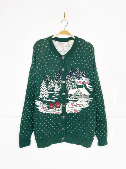 vintage NR winter cottage scene layered knit cardigan | northern reflections - good market thrift store