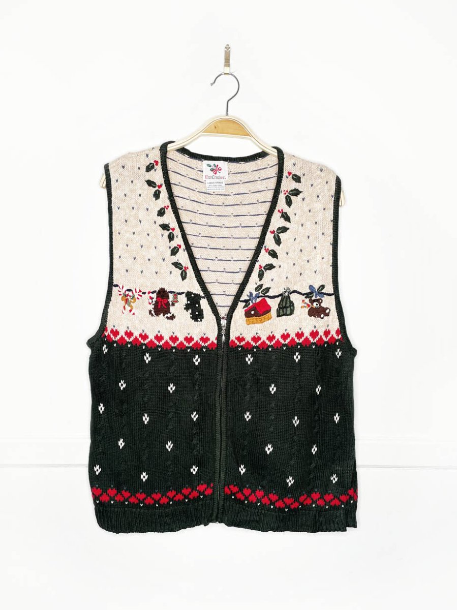 vintage nutcracker cable knit full zip holiday vest - good market thrift store