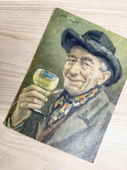 vintage oil on board of man drinking wine painting | bar decor - good market thrift store