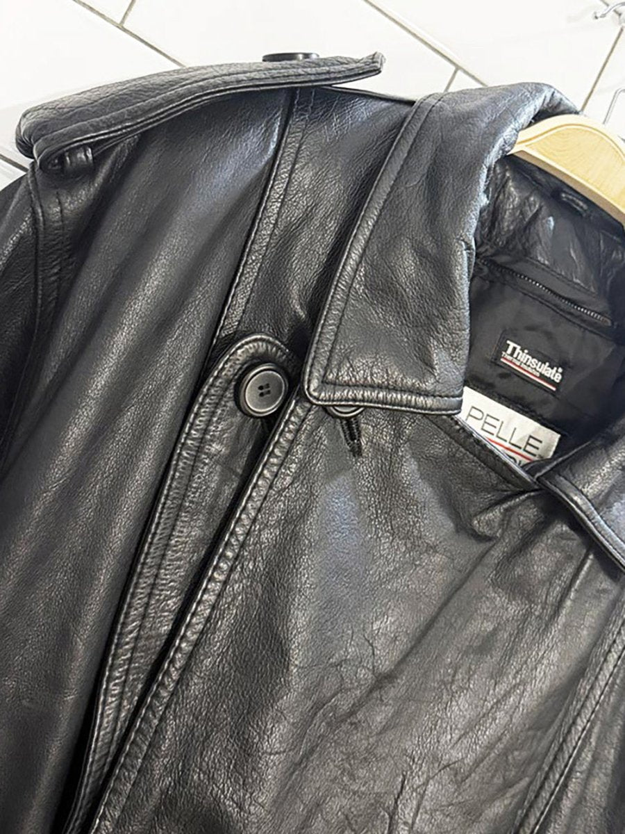 vintage pelle studio leather double breasted belted trench coat - good market thrift store