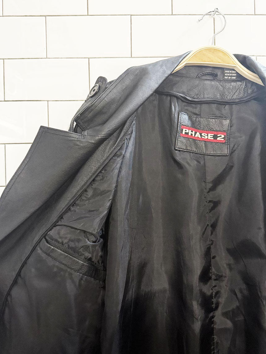 vintage phase 2 leather double breasted belted trench coat - good market thrift store