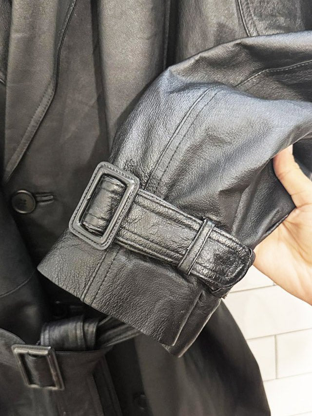 vintage phase 2 leather double breasted belted trench coat - good market thrift store