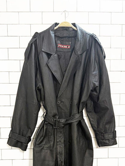 vintage phase 2 leather double breasted belted trench coat - good market thrift store