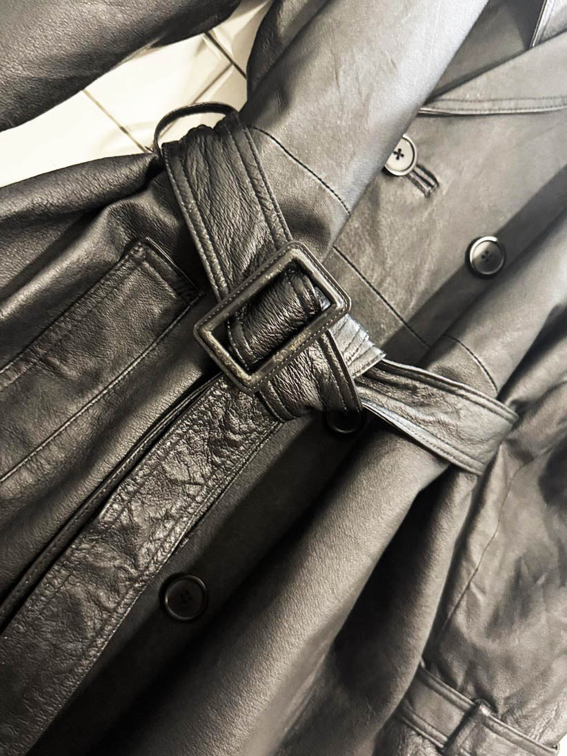 vintage phase 2 leather double breasted belted trench coat - good market thrift store