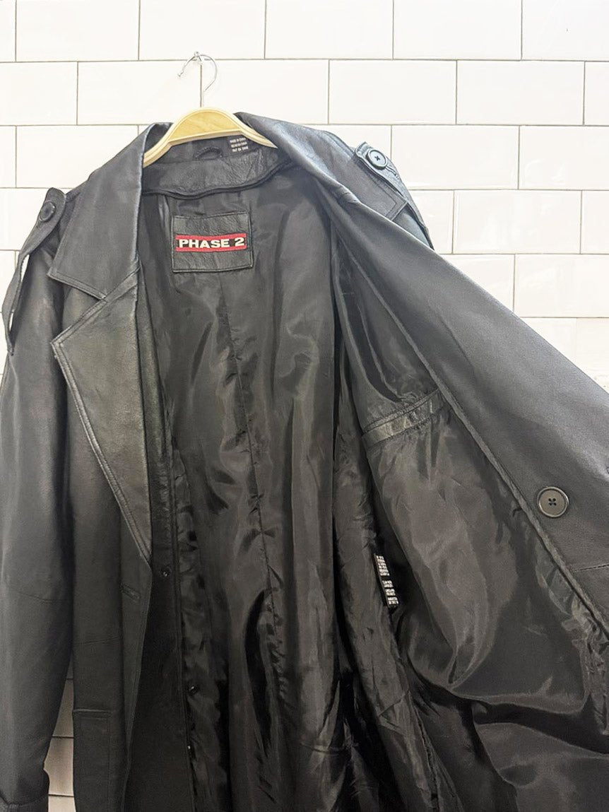 vintage phase 2 leather double breasted belted trench coat - good market thrift store