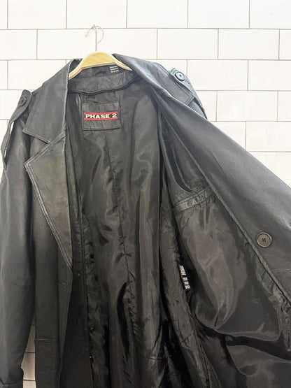 vintage phase 2 leather double breasted belted trench coat - good market thrift store
