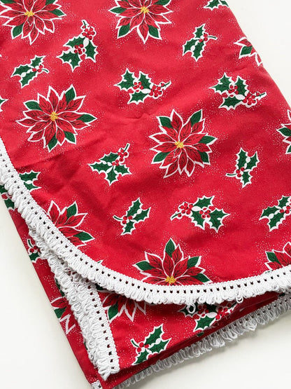 vintage poinsettia fringe edge table cloth - good market thrift store