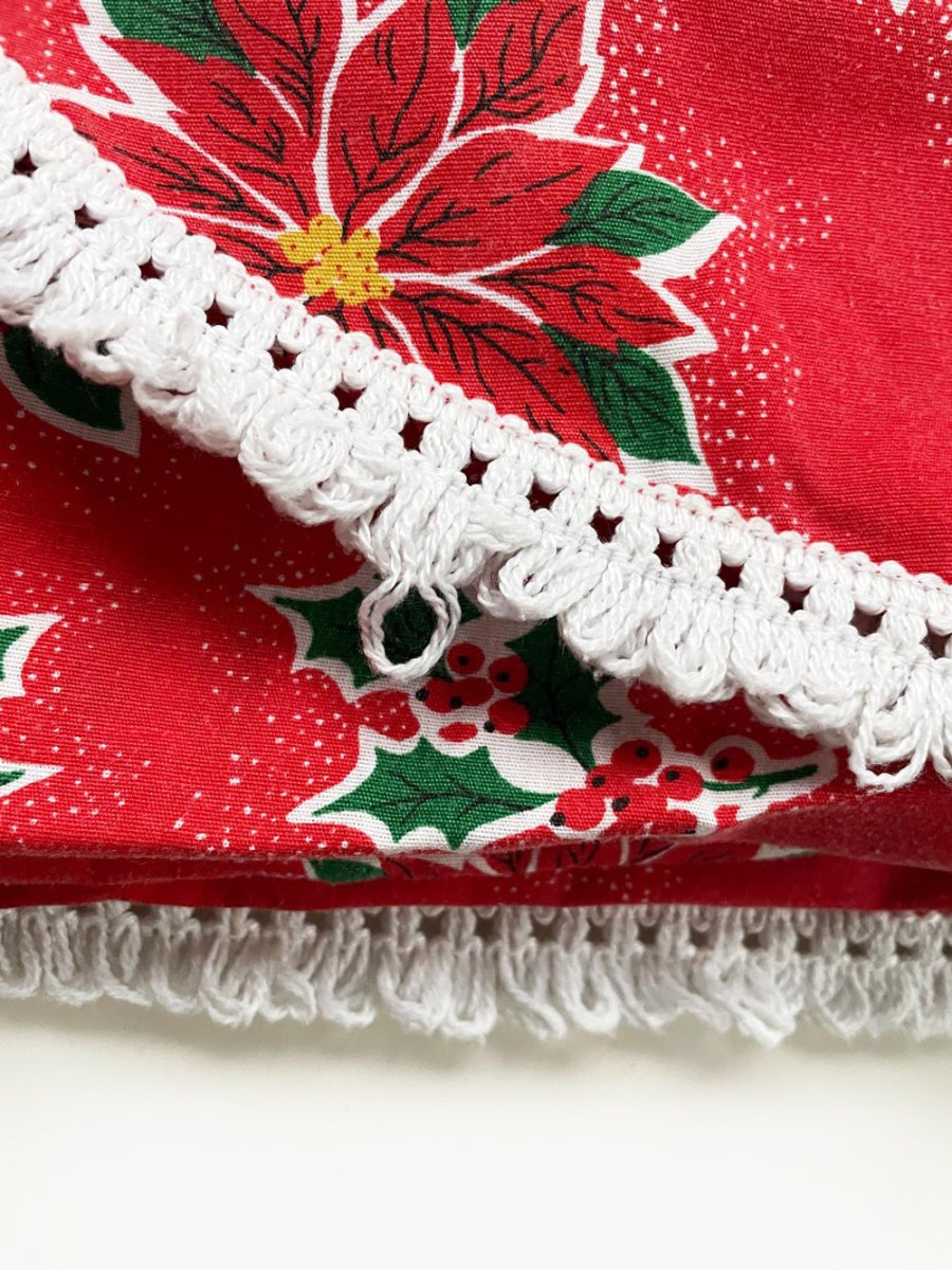 vintage poinsettia fringe edge table cloth - good market thrift store