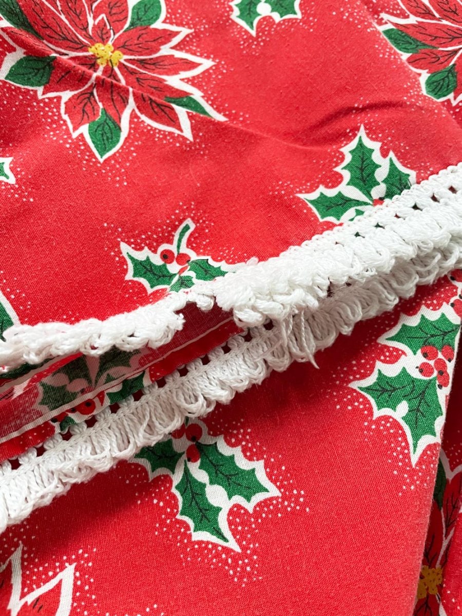 vintage poinsettia fringe edge table cloth - good market thrift store