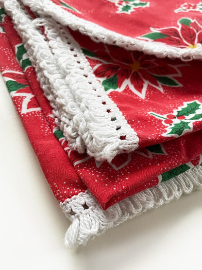 vintage poinsettia fringe edge table cloth - good market thrift store