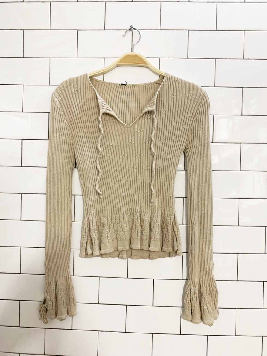 vintage pointelle knit bell sleeve tie neck v - neck top - good market thrift store