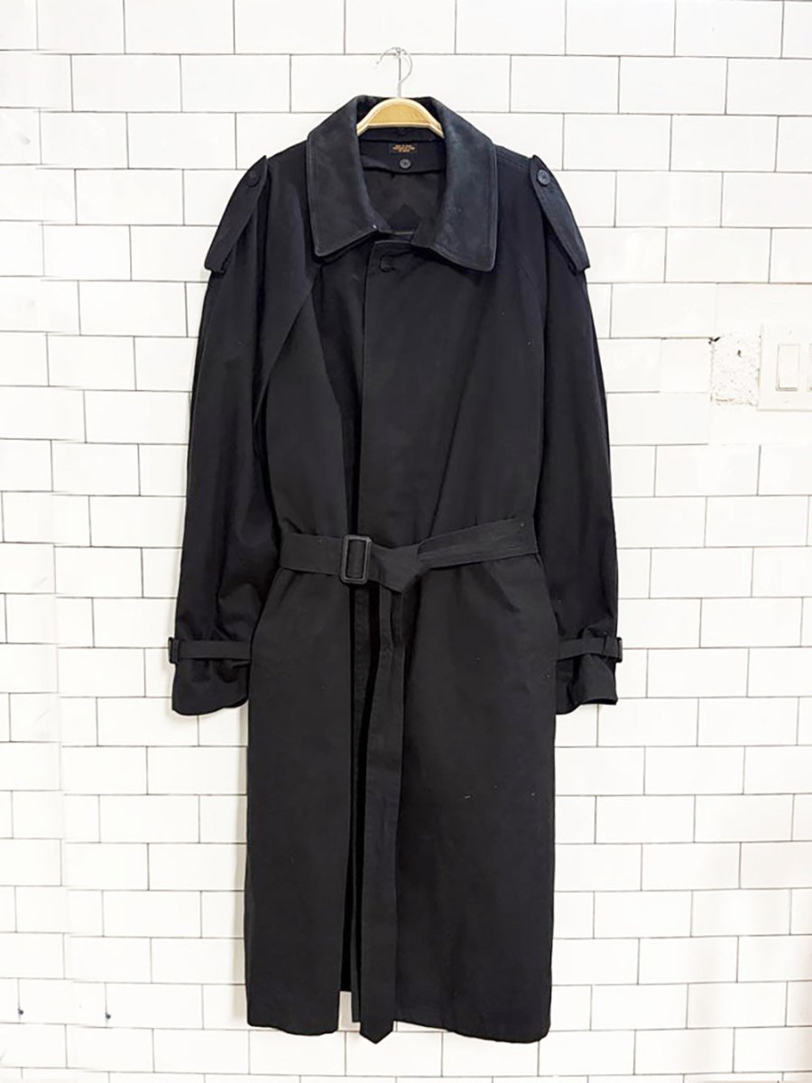 vintage progress 1878 nubuck leather collar belted trench coat | removable liner - good market thrift store