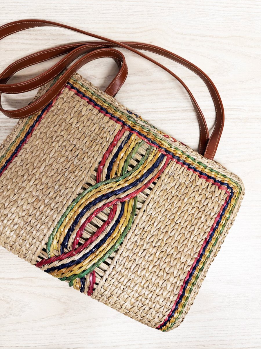 vintage rainbow woven rattan shoulder bag - good market thrift store